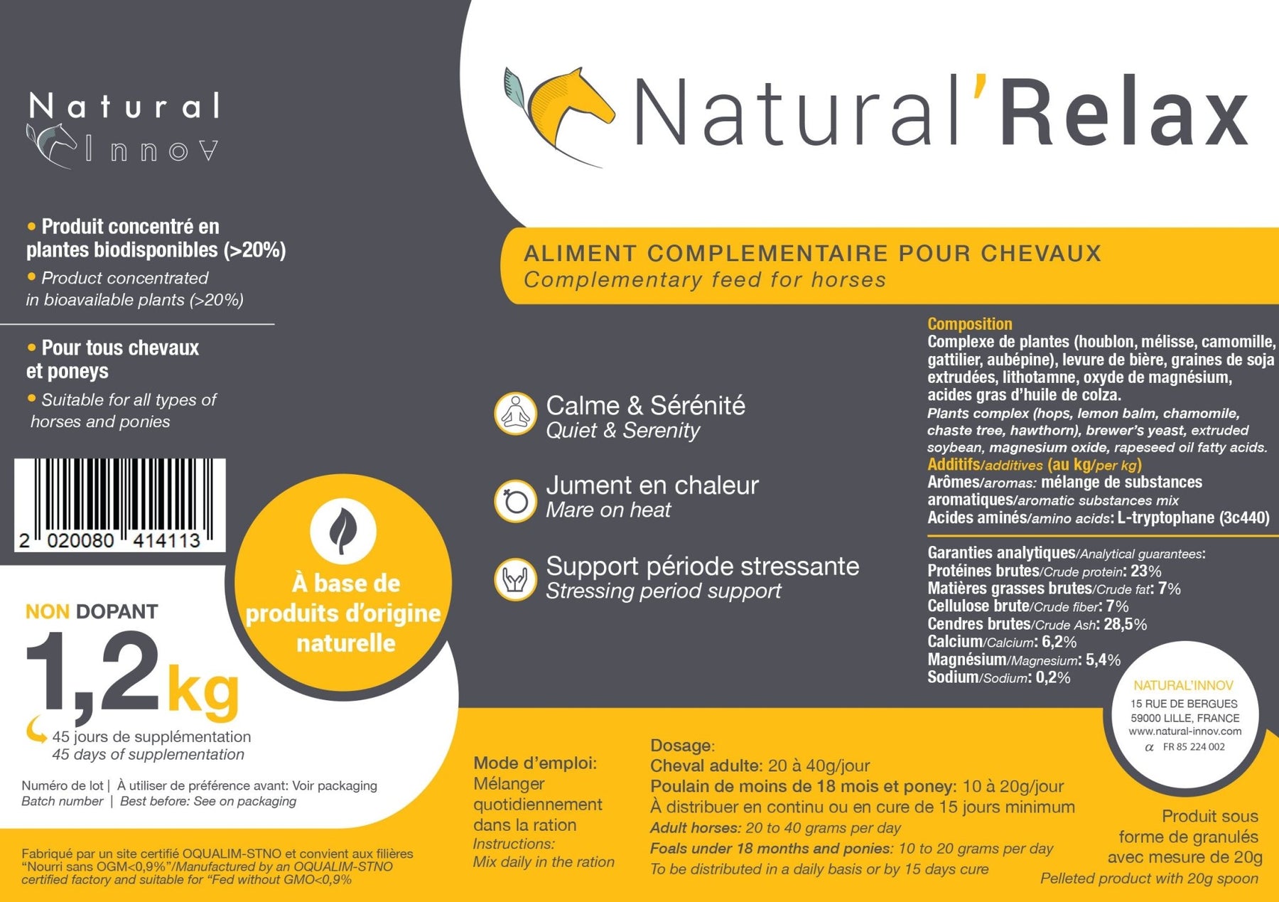 HENRY equestrian - Natural’ Innov - Συμπλήρωμα διατροφής Natural’ RELAX 1,2 kg