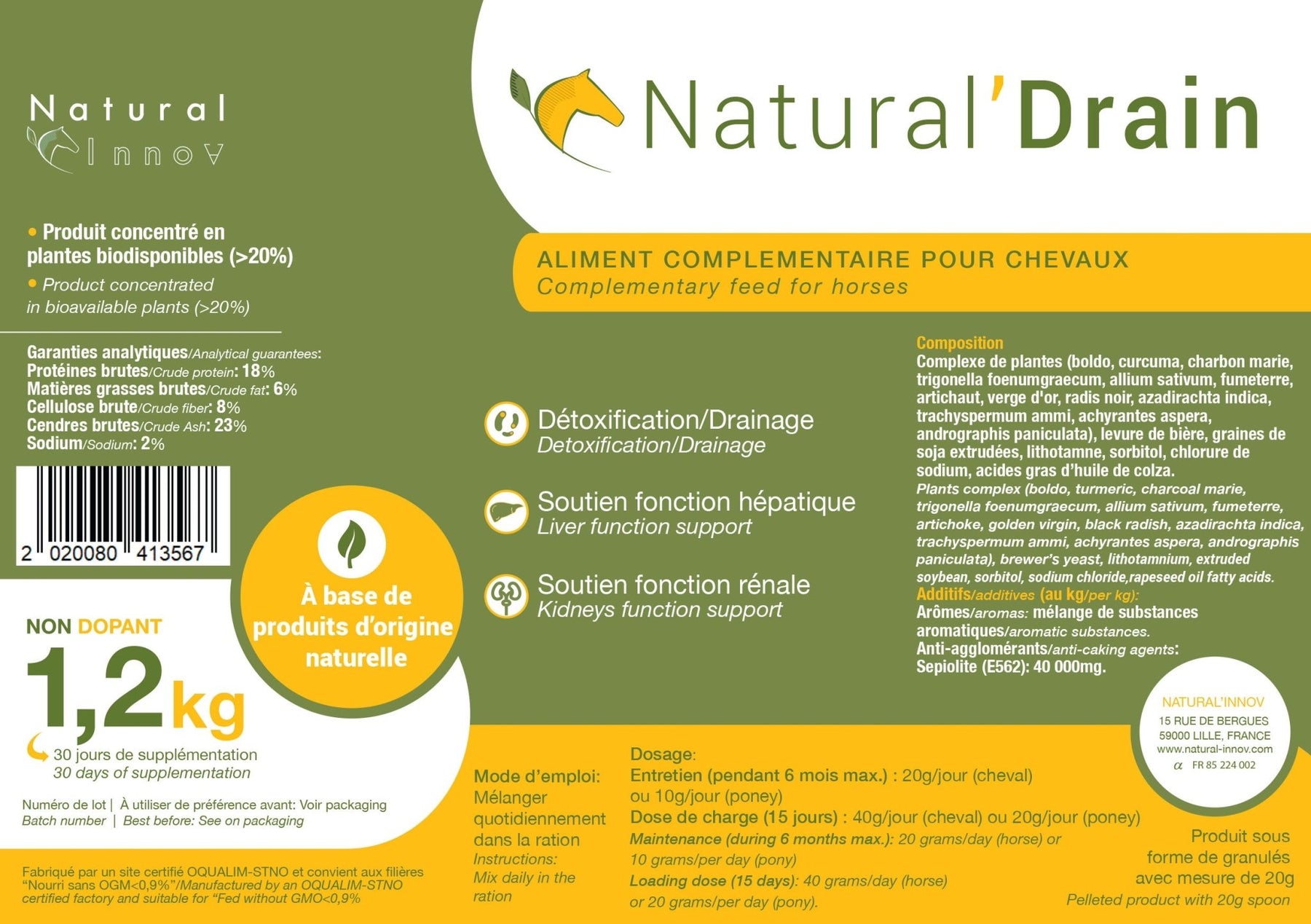 HENRY equestrian - Natural’ Innov - Συμπλήρωμα διατροφής Natural’ DRAIN 1,2 kg